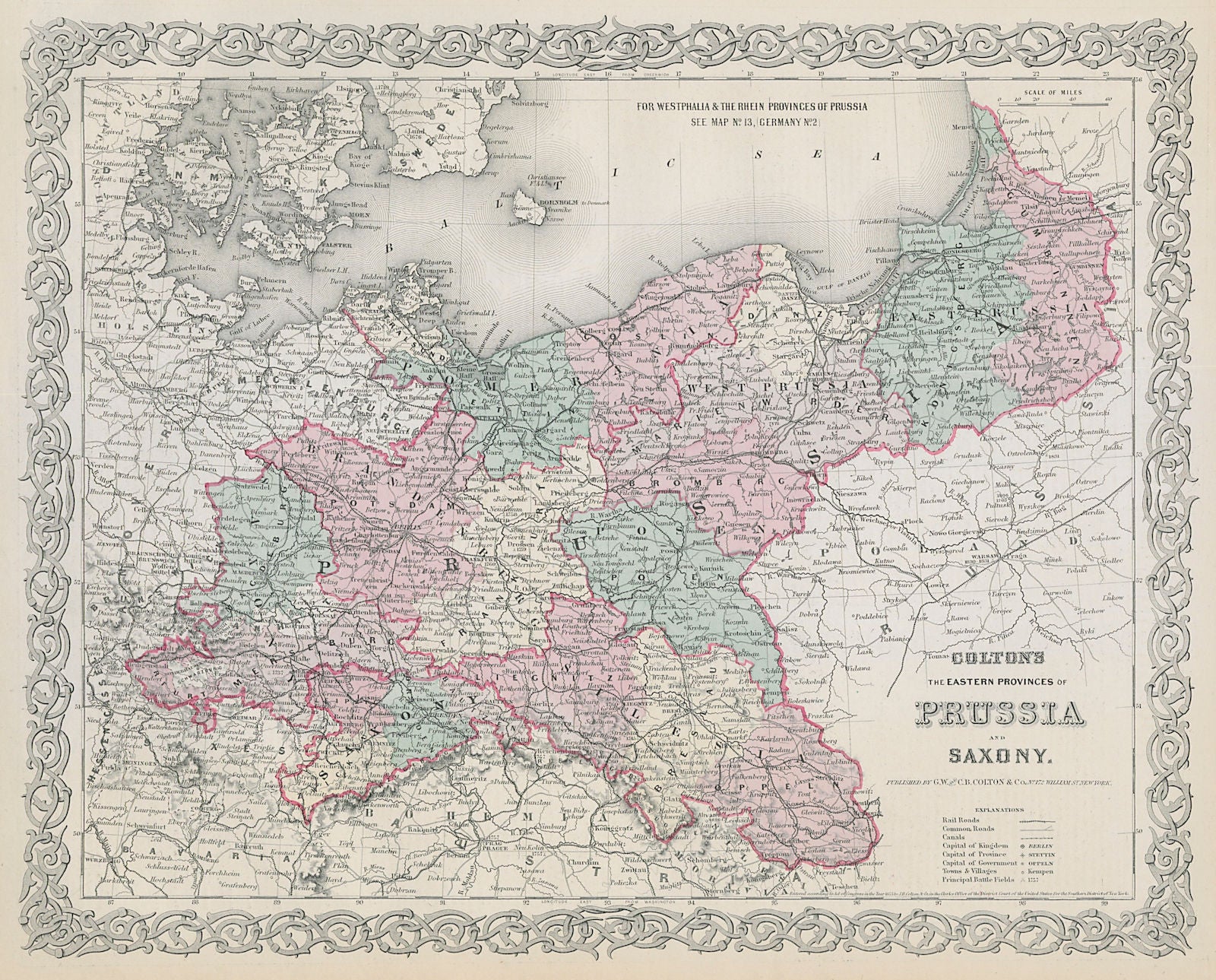 Colton's Prussia and Saxony. Eastern Germany & Northwest Poland 1869 old map